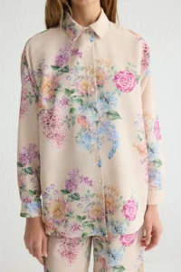 Trendyol Modest Powder Pink Floral linen look Weaving Shirt - Image 5
