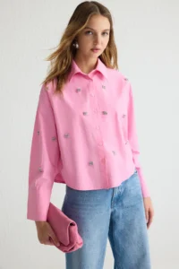Trendyol Modest Pink Stone Accessory Detailed Weaving Shirt - Image 2