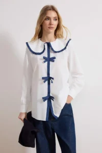 Trendyol Modest Ecru Ribbon Detailed Baby Collar Shirt