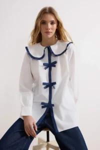 Trendyol Modest Ecru Ribbon Detailed Baby Collar Shirt - Image 2