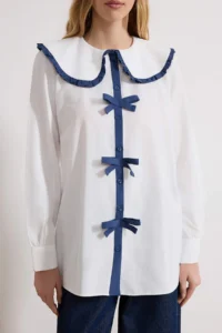 Trendyol Modest Ecru Ribbon Detailed Baby Collar Shirt - Image 3