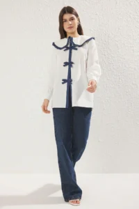 Trendyol Modest Ecru Ribbon Detailed Baby Collar Shirt - Image 5
