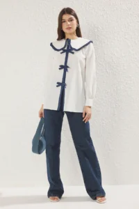 Trendyol Modest Ecru Ribbon Detailed Baby Collar Shirt - Image 6