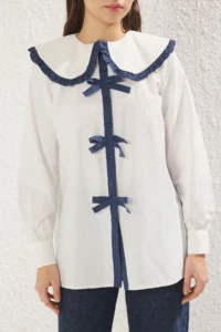 Trendyol Modest Ecru Ribbon Detailed Baby Collar Shirt - Image 7