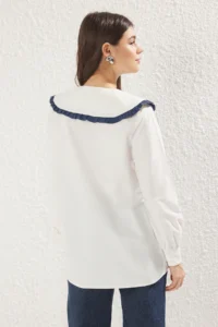 Trendyol Modest Ecru Ribbon Detailed Baby Collar Shirt - Image 9