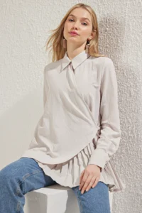 Trendyol Modest Stone Shirt Collar Double breasted tied up Pleat Detailed Weaving Shirt - Image 2