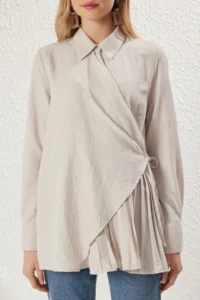 Trendyol Modest Stone Shirt Collar Double breasted tied up Pleat Detailed Weaving Shirt - Image 3