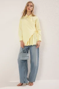 Trendyol Modest Light Yellow Shirt Collar Double breasted tied up Pleat Detailed Weaving Shirt - Image 2