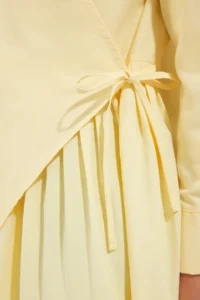 Trendyol Modest Light Yellow Shirt Collar Double breasted tied up Pleat Detailed Weaving Shirt - Image 3