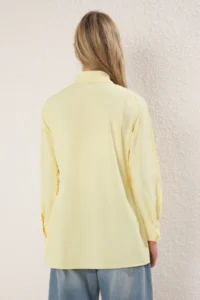 Trendyol Modest Light Yellow Shirt Collar Double breasted tied up Pleat Detailed Weaving Shirt - Image 4