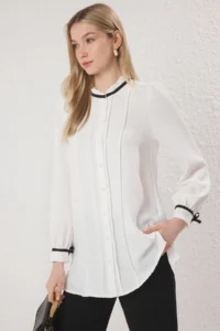 Trendyol Modest Ecru Piping Detailed Satin Weaving Shirt - Image 2