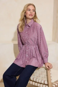 Trendyol Modest Burgundy Fitted Belde Tire Detailed Cotton Striped Fitted Shirt - Image 2