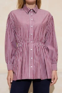 Trendyol Modest Burgundy Fitted Belde Tire Detailed Cotton Striped Fitted Shirt - Image 3