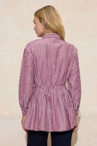 Trendyol Modest Burgundy Fitted Belde Tire Detailed Cotton Striped Fitted Shirt - Image 4