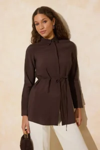 Trendyol Modest Brown Draped Material Belde Detailed Fitted Weaving Shirt