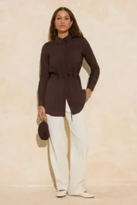 Trendyol Modest Brown Draped Material Belde Detailed Fitted Weaving Shirt - Image 2