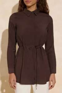 Trendyol Modest Brown Draped Material Belde Detailed Fitted Weaving Shirt - Image 3