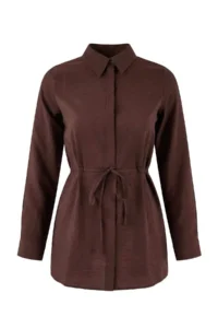 Trendyol Modest Brown Draped Material Belde Detailed Fitted Weaving Shirt - Image 5
