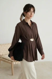 Trendyol Modest Brown Flowy Hair Clip Detailed Comfortable Pattern Shirt
