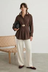 Trendyol Modest Brown Flowy Hair Clip Detailed Comfortable Pattern Shirt - Image 2
