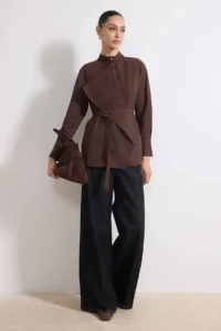 Trendyol Modest Brown Belde Detailed Regular/Normal Pattern Cotton Shirt - Image 2