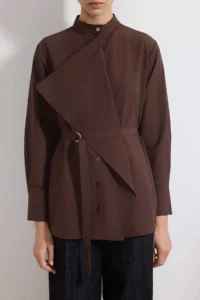 Trendyol Modest Brown Belde Detailed Regular/Normal Pattern Cotton Shirt - Image 3