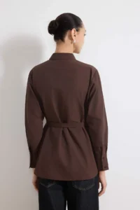 Trendyol Modest Brown Belde Detailed Regular/Normal Pattern Cotton Shirt - Image 4