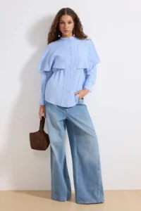 Trendyol Modest Mavi Cape Detailed Fitted Cotton Shirt