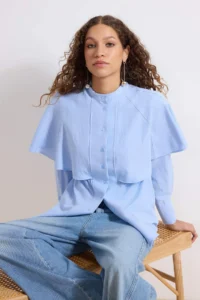 Trendyol Modest Mavi Cape Detailed Fitted Cotton Shirt - Image 2