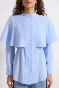 Trendyol Modest Mavi Cape Detailed Fitted Cotton Shirt - Image 3
