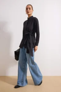 Trendyol Modest Black Belt Detailed Skirt Layered Fitted/Waist Sitting Cotton Shirt - Image 2