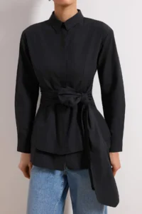 Trendyol Modest Black Belt Detailed Skirt Layered Fitted/Waist Sitting Cotton Shirt - Image 3