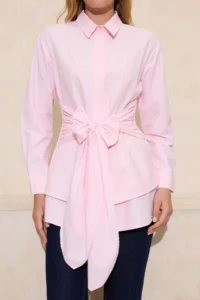Trendyol Modest Light Pink Belt Detailed Skirt Layered Fitted/Waist Sitting Cotton Shirt - Image 3