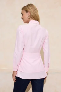 Trendyol Modest Light Pink Belt Detailed Skirt Layered Fitted/Waist Sitting Cotton Shirt - Image 4