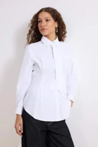 Trendyol Modest White Tie Detailed Fitted Cotton Shirt - Image 2