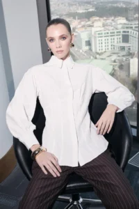 Trendyol Modest White Fitted Balloon Kollu Fitted/Bele Oturan Cotton Shirt