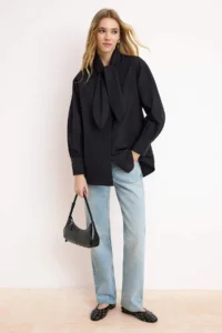 Trendyol Modest Black Scarf Detailed Regular/Normal Pattern Cotton Shirt