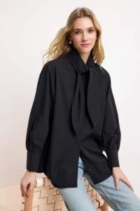 Trendyol Modest Black Scarf Detailed Regular/Normal Pattern Cotton Shirt - Image 2