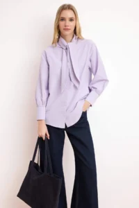 Trendyol Modest Lilac Scarf Detailed Regular/Normal Pattern Cotton Shirt