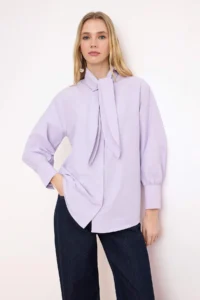 Trendyol Modest Lilac Scarf Detailed Regular/Normal Pattern Cotton Shirt - Image 2