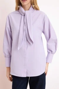 Trendyol Modest Lilac Scarf Detailed Regular/Normal Pattern Cotton Shirt - Image 3
