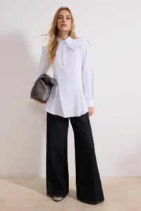Trendyol Modest White Detachable Collar Pleat Detailed Regular/Normal Pattern Cotton Shirt