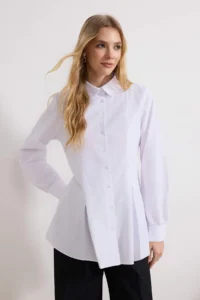 Trendyol Modest White Detachable Collar Pleat Detailed Regular/Normal Pattern Cotton Shirt - Image 2