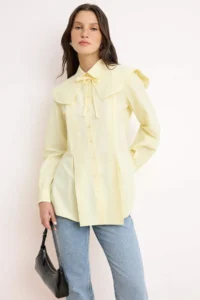 Trendyol Modest Light Yellow Detachable Collar Pleat Detailed Regular/Normal Pattern Cotton Shirt - Image 2