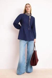 Trendyol Modest Navy Blue Balloon Sleeve Fitted Shirt - Image 2