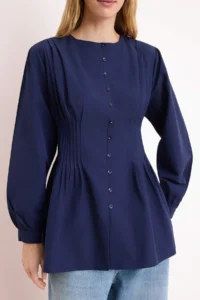 Trendyol Modest Navy Blue Balloon Sleeve Fitted Shirt - Image 3