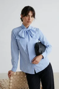 Trendyol Modest Mavi Striped Shawl Collar Detailed Regular/Normal Pattern Shirt