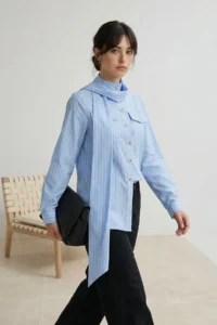 Trendyol Modest Mavi Striped Shawl Collar Detailed Regular/Normal Pattern Shirt - Image 2