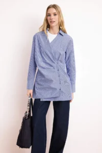 Trendyol Modest Mavi Striped V-neck Asymmetric Closure Regular/Normal Pattern Shirt