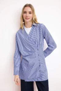 Trendyol Modest Mavi Striped V-neck Asymmetric Closure Regular/Normal Pattern Shirt - Image 2